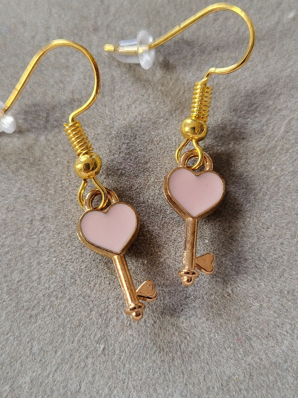 Gold Toned Key Heart Pink Drop Earrings